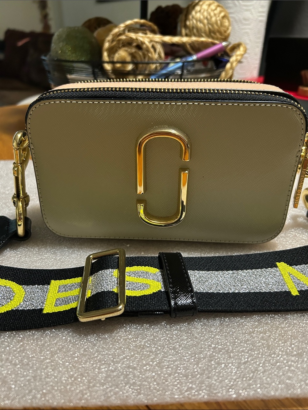Marc Jacobs Beige Snapshot Camera Bag with Black & Yellow Strap